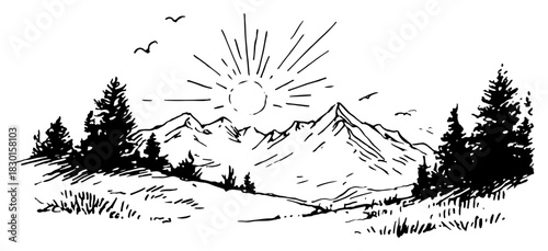 Hand drawn mountain landscape with pine forest trees and sunrise Vector sketch illustration of outdoor nature scenery and wilderness view