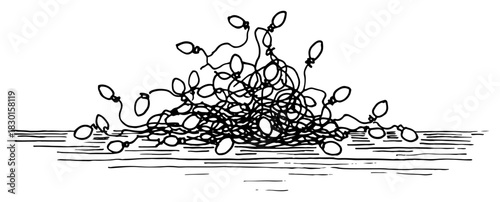 Hand Drawn Pile of Tangled Christmas Fairy Lights String Festive Vector Illustration