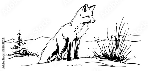 Hand Drawn Sitting Red Fox in Winter Forest Scene Wildlife Vector Illustration