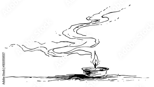 Hand drawn Incense Burner with Rising Smoke Trail Black and White Doodle Vector Illustration