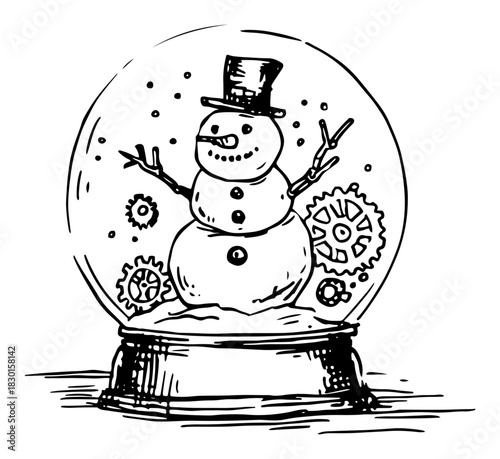 Hand drawn Snow Globe with Snowman and Gears Black and White Doodle Vector Illustration