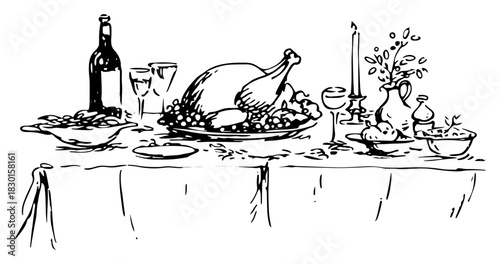 Hand drawn Festive Dinner Table with Roast Turkey Wine and Candles Black and White Doodle Vector Illustration
