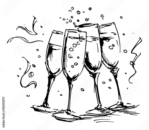 Hand Drawn Champagne Flutes Clinking with Bubbles and Confetti Festive Vector Illustration