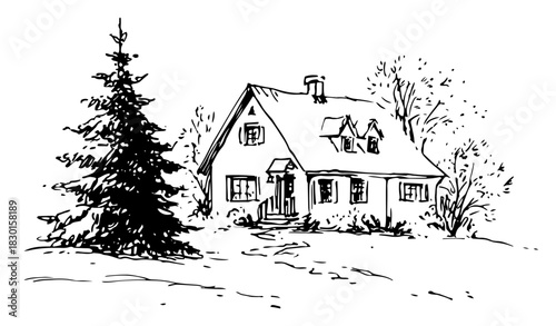 Hand drawn Snowy Cottage with Pine Tree Winter Landscape Black and White Doodle Vector Illustration