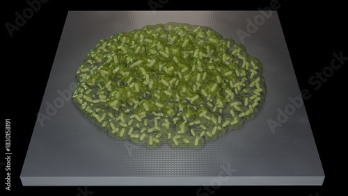 Biofilm formation on flat surface. Buildup of biofilm forming on solid material. 3d render illustration.