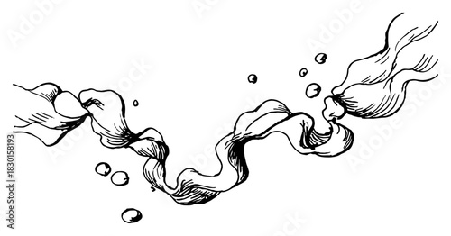 Hand drawn Abstract Flowing Ribbon with Bubbles Black and White Doodle Vector Illustration