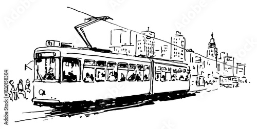 Hand drawn city tram driving on street with passengers and buildings Vector sketch illustration of urban public transport and traffic