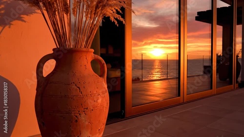 Sunset Reflection Vase with Pampas Grass on Balcony Overlooking Ocean