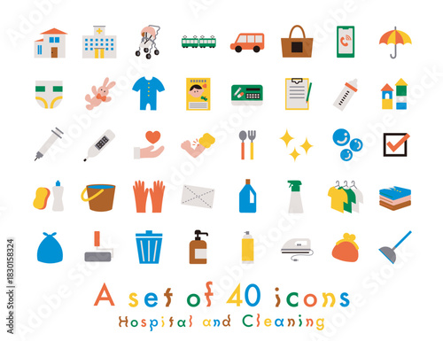 病院、掃除に関するシンプルでフラットなアイコン40個セット