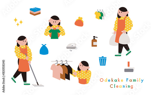 掃除や洗濯の家事をする女性とアイコン素材のセット