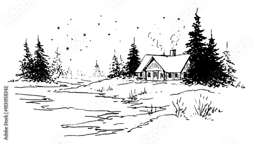 Hand Drawn Cozy Cabin in Snowy Forest Landscape with Smoke from Chimney Winter Vector Illustration