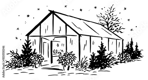 Hand drawn Winter Greenhouse in Snowy Garden Landscape Black and White Doodle Vector Illustration