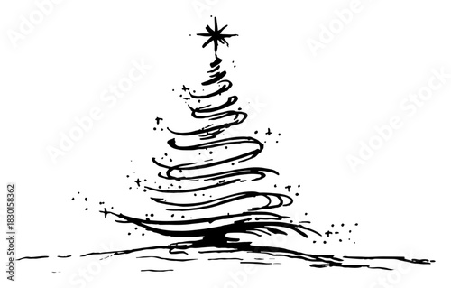 Hand drawn Swirl Line Christmas Tree with Star Black and White Doodle Vector Illustration