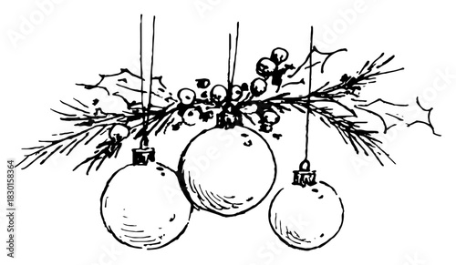 Hand drawn Christmas Baubles Hanging on Pine Branch with Holly Black and White Doodle Vector Illustration