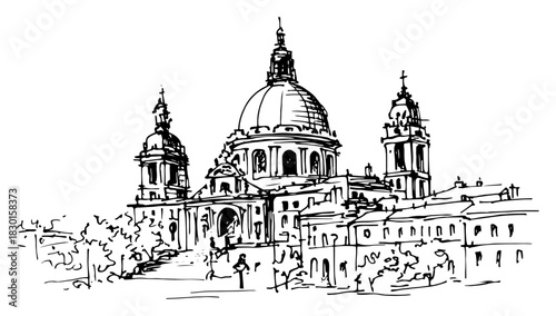 Hand drawn cathedral basilica with large dome and historical city architecture Vector sketch illustration of European religious landmark building