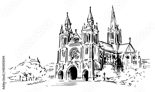Hand drawn Gothic church cathedral with tall spires and rose window Vector sketch illustration of religious architecture and historic building facade