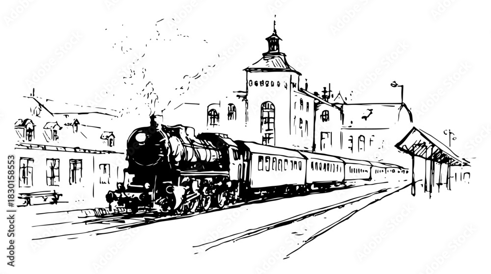 Fototapeta premium Hand drawn Steam Train at Historic City Railway Station Platform Black and White Doodle Vector Illustration