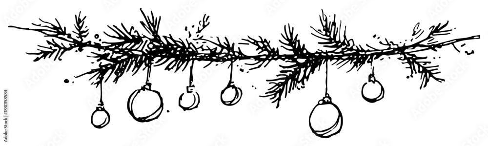 Naklejka premium Hand drawn Christmas pine branch garland with hanging baubles and balls Vector sketch illustration of festive winter border decoration