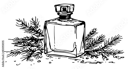 Hand drawn glass perfume bottle with pine branches vector sketch of winter fragrance concept