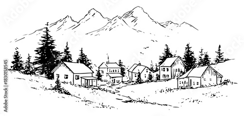 Hand drawn Mountain Village with Pine Trees Black and White Doodle Vector Illustration