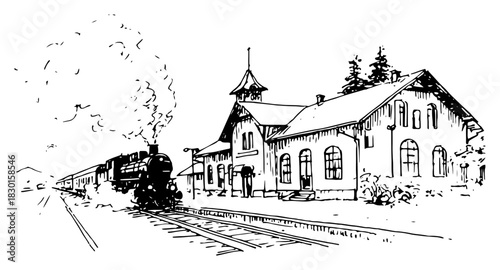 Hand drawn Steam Locomotive Arriving at Small Railway Station Black and White Doodle Vector Illustration