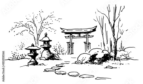 Hand drawn japanese garden landscape with torii gate and stone lanterns vector sketch of zen scenery
