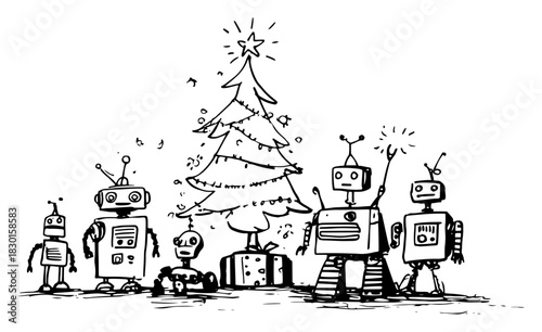 Hand drawn funny robots celebrating christmas around tree with gifts vector sketch of futuristic holiday