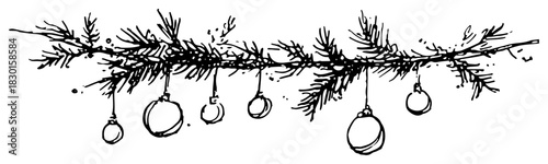 Hand drawn Christmas pine branch garland with hanging baubles and balls Vector sketch illustration of festive winter border decoration