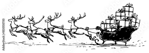 Hand drawn Reindeer Team Pulling Santa Sleigh Full of Gifts Black and White Doodle Vector Illustration