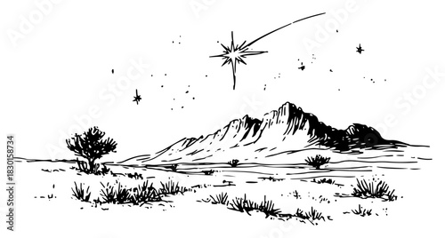 Hand Drawn Guiding Christmas Star Over Desert Mountain Nativity Night Vector Illustration