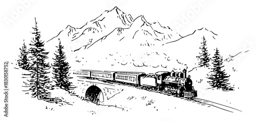 Vintage Steam Train in Mountain Landscape – Hand-Drawn Black & White Vector Illustration