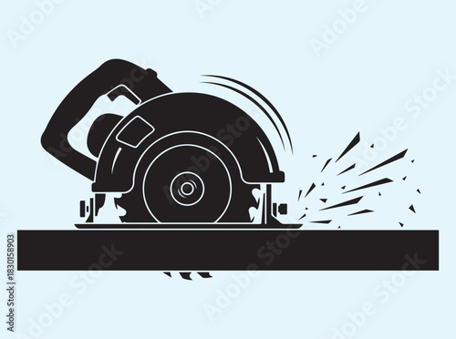 Bold Vector Circular Saw Silhouette Showing Cutting Motion on White Background
