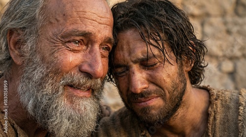The Return of the Prodigal Son: Rich Father Embracing Repentant Son with Tears of Joy - Biblical Parable. Luke 15.