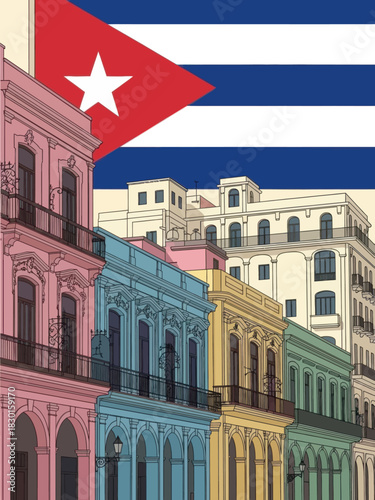 Colorful buildings line a street in havana, cuba, with the cuban flag in the sky.