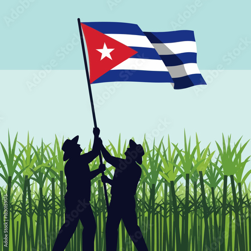 Two farmers raise the cuban flag in a field of sugarcane, symbolizing national pride.