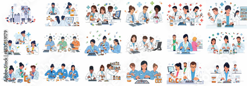 Vector illustration set depicting diverse pharmacists and technicians counting pills, dispensing prescriptions, and collaborating in a modern pharmacy.