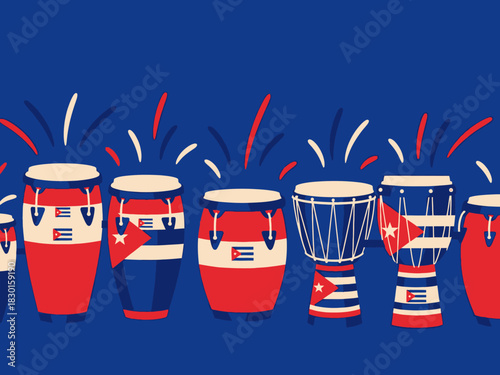 Conga drums with the cuban flag colors in a row on a blue background. Vector illustration.