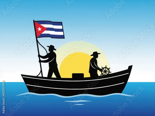 Two cuban fishermen sail on a boat with the cuban flag in the ocean at sunrise.