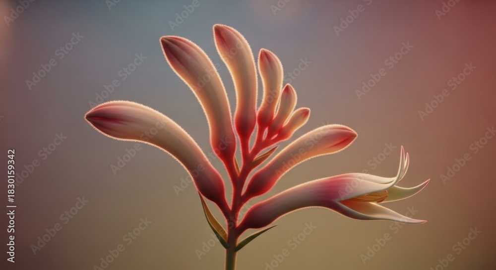 Naklejka premium Close up of a kangaroo paw flower with red stems and pink petals against soft lighting.