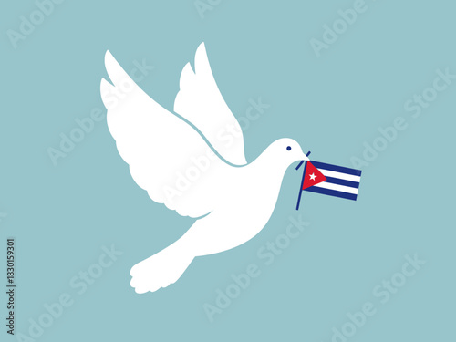 Dove carrying the cuban flag in its beak, symbolizing peace and international relations.