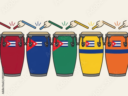 Colorful conga drums with cuban flags being played with drumsticks in a row, vector.