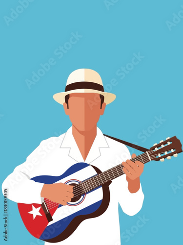 Cuban musician in white guayabera shirt playing guitar with cuban flag on body. Vector.