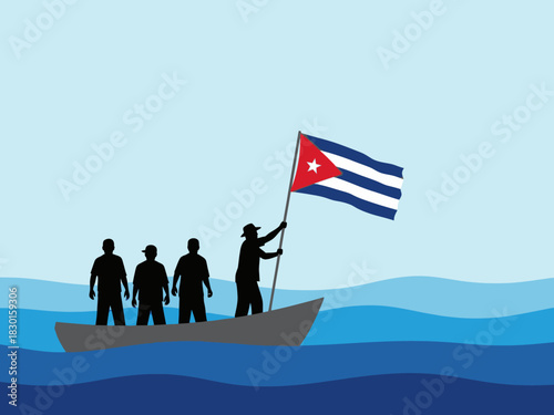 Four people sail in a boat with the cuban flag waving in the wind, on the sea.