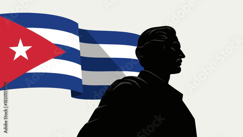 Silhouette of jose marti with the cuban flag waving in the background. Independence concept.