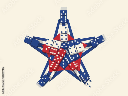Star shape made of dominoes in red, white, and blue colors. Game and strategy concept.