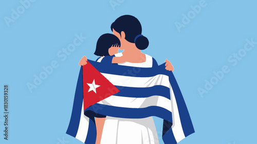 Woman and child embrace, draped in the cuban flag, symbolizing patriotism and national pride.