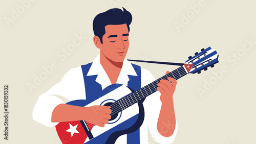 Cuban musician plays guitar decorated with national flag. Traditional music concept.