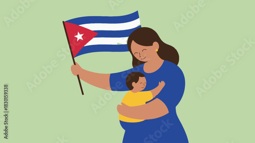 Cheerful mother holds her child while waving a cuban flag in a patriotic display.