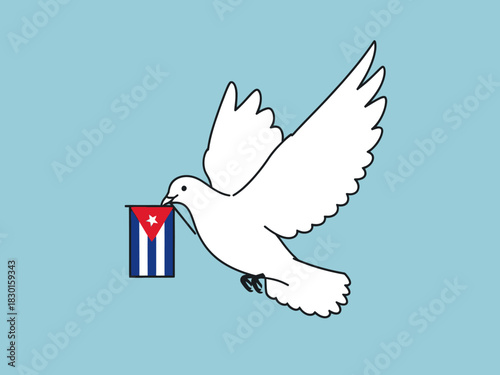 Dove carrying the cuban flag, symbolizing peace and unity in cuba, isolated on blue.
