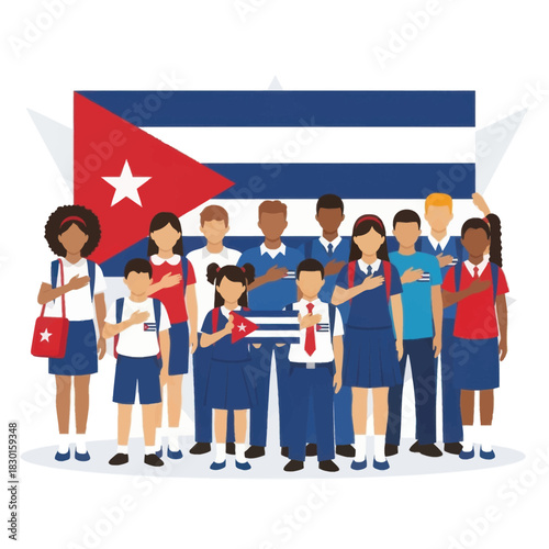 Group of cuban students with hand at chest pledge allegiance to the flag of cuba. Vector.